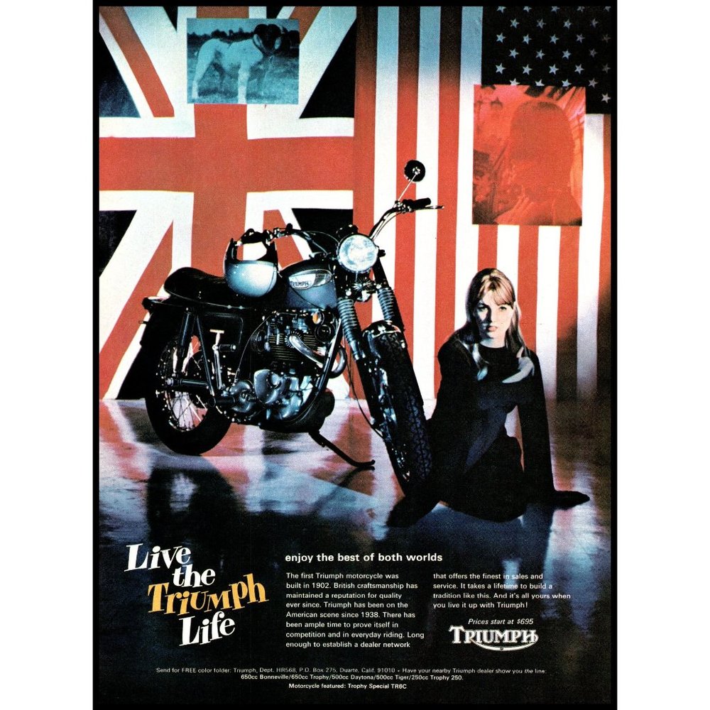 1968 Triumph Trophy Special TR6C Motorcycle Vintage Print Ad UK American Flag